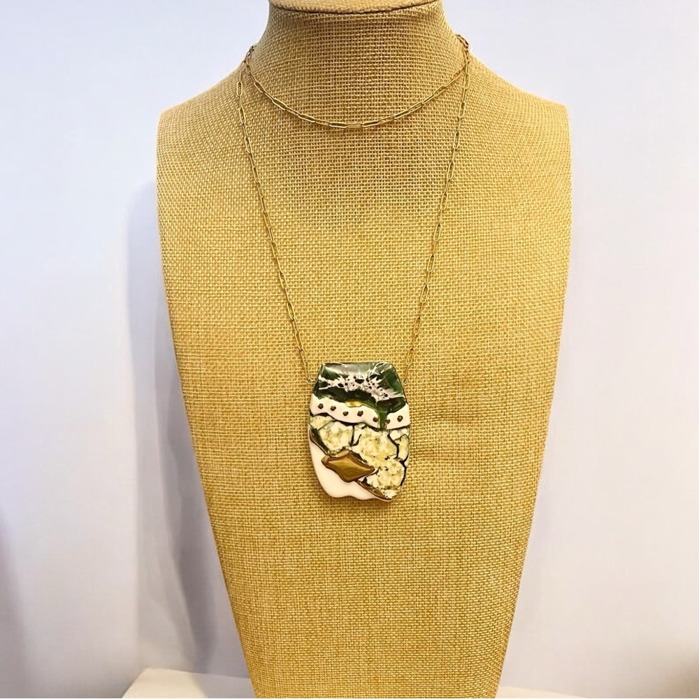 Gold Paperclip Necklace with White & Green Enamel Pendant